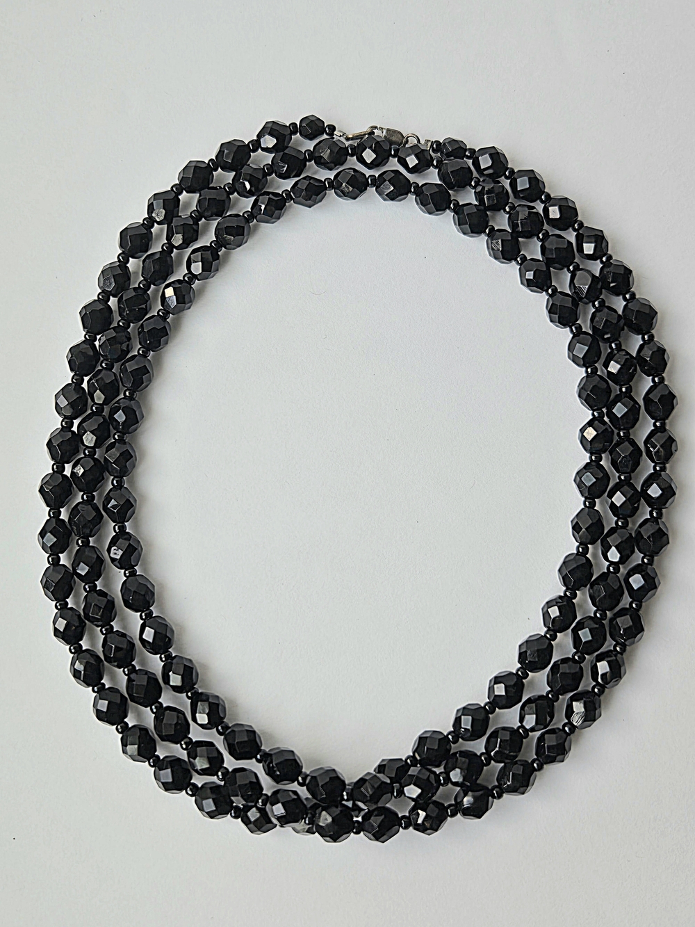 VTG Opera Length Faceted Black Glass Bead Long Flapper Rope Necklace Art Deco